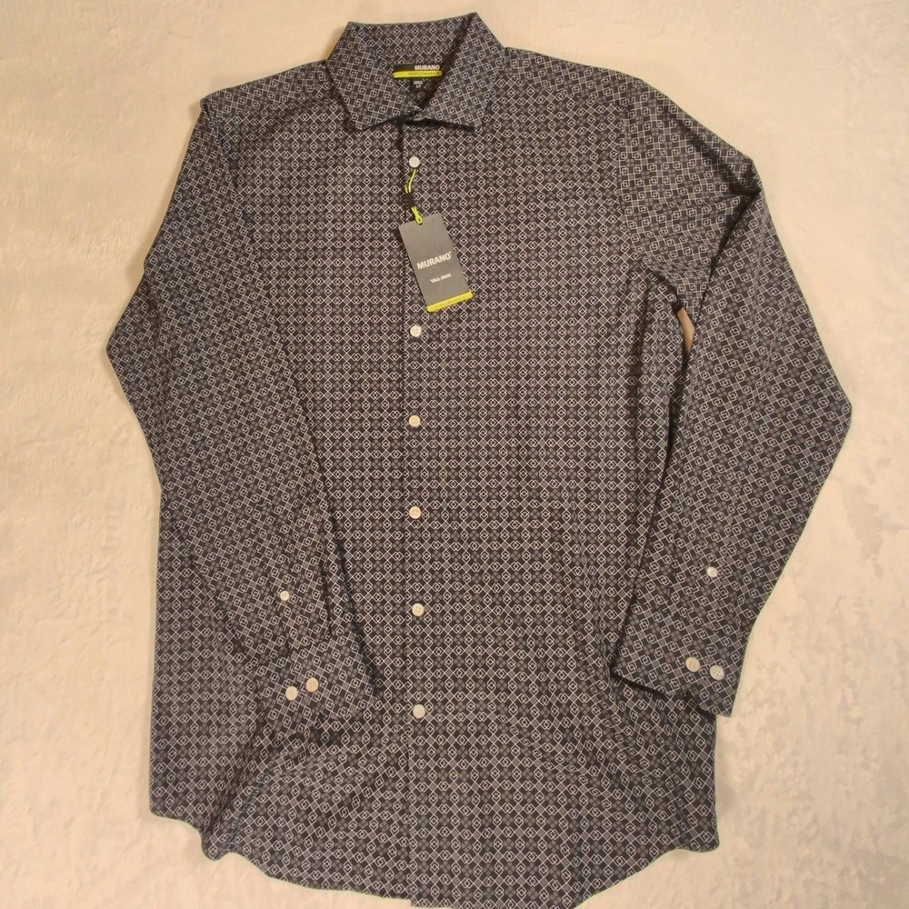 Murano Performance Tall Man Shirt Mens Large Tall LT Black Geometric Button Down - Picture 2 of 8